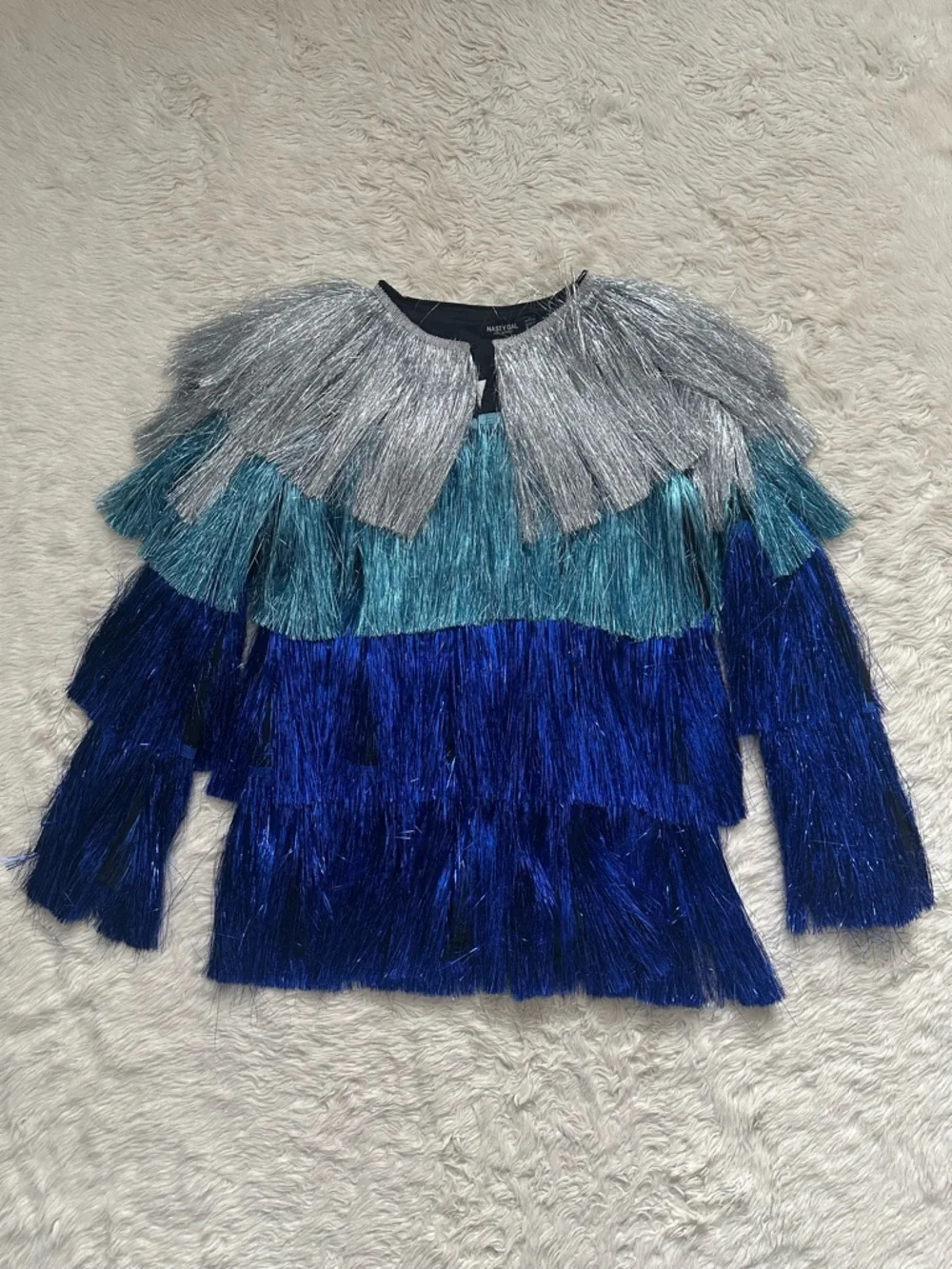 Nasty Gal Metallic Tiered Tinsel Fringe Open Front Jacket Rave Blue Sz 4 NWOT